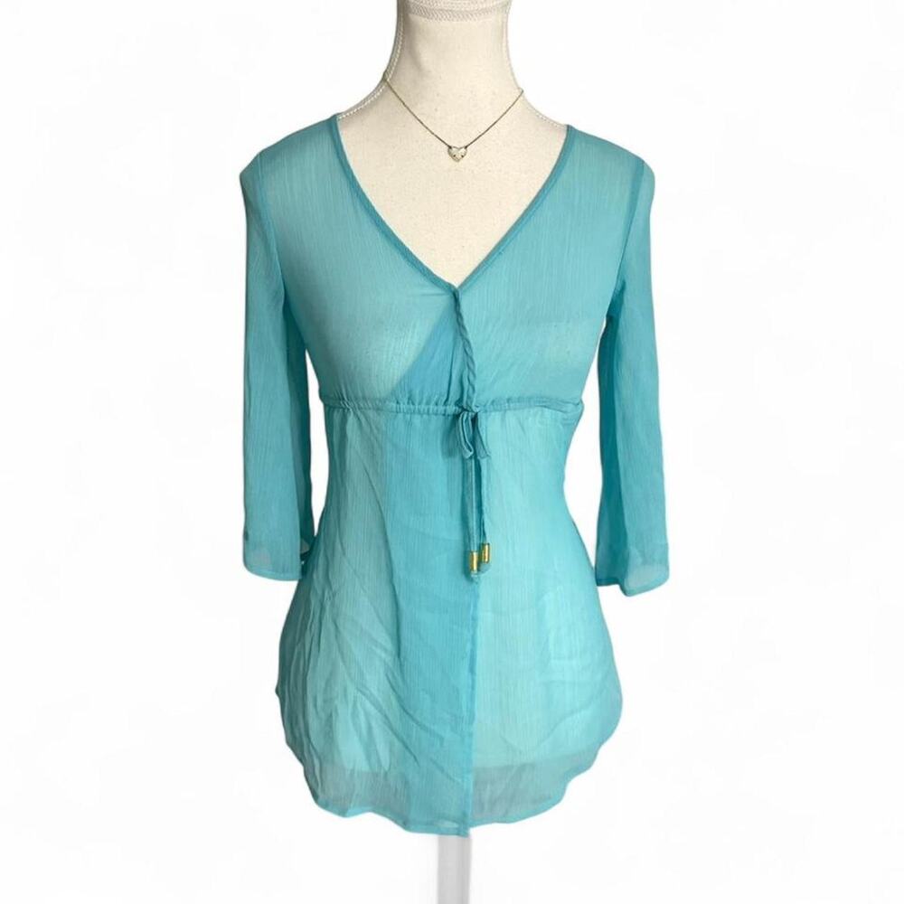 Jessica Simpson blue sheer tropical summer Y2K boho fairy  blouse tie Size M